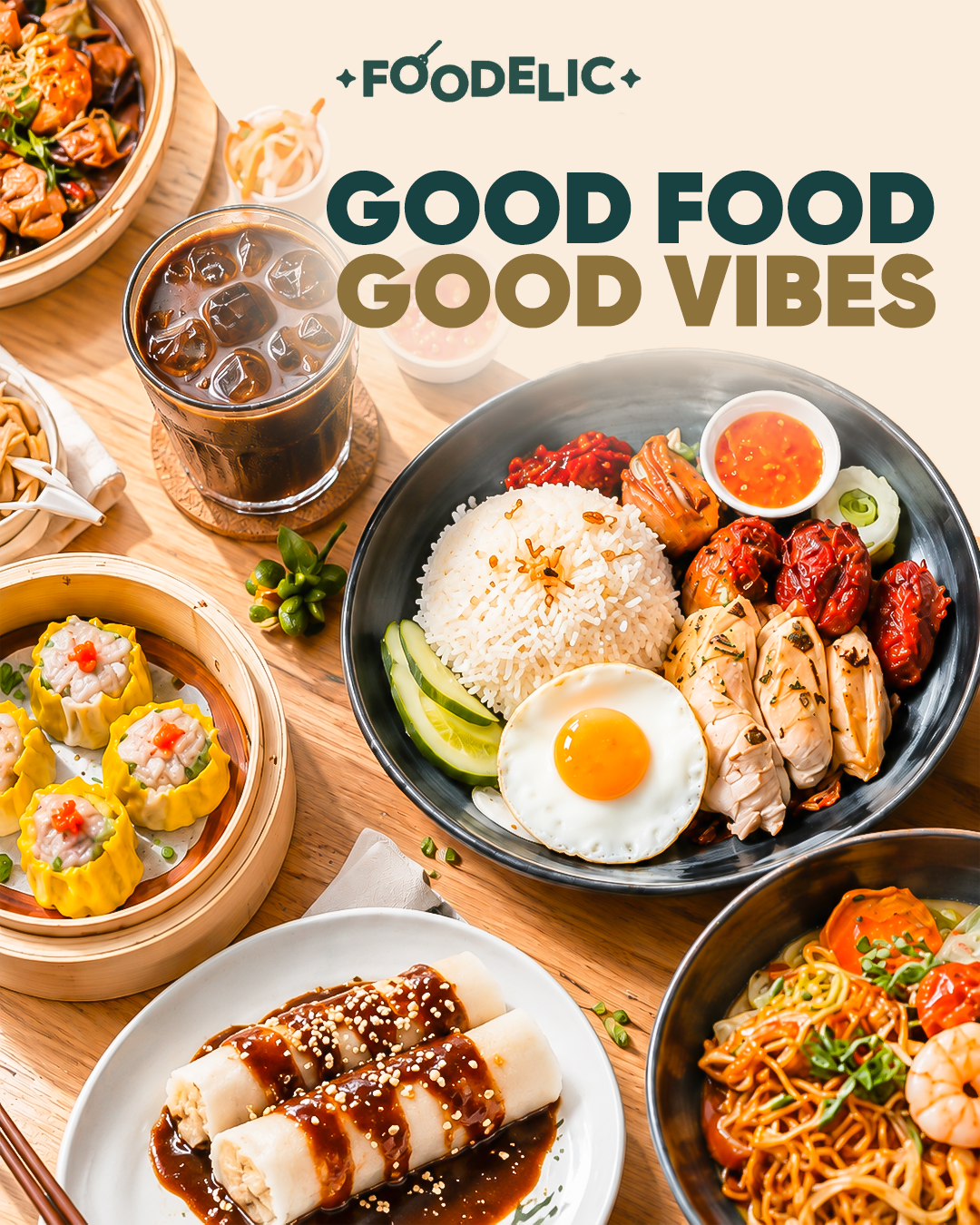 A Foodelic spread of Hainanese chicken rice, dumplings, noodle soup, and iced coffee on a wooden table