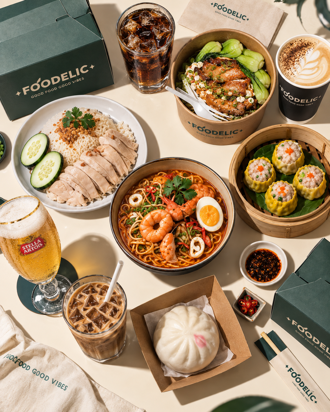 A wide spread of Foodelic dishes and takeout packaging: chicken rice, prawn noodle soup, dumplings, bao, iced coffee, and beer