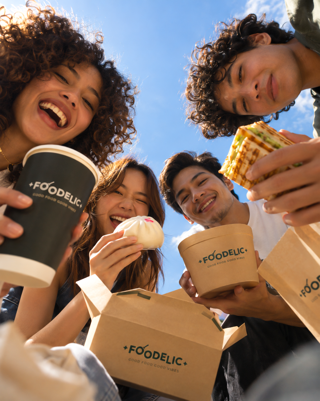 A group of friends laughing together, holding Foodelic takeout boxes and cups against a bright blue sky